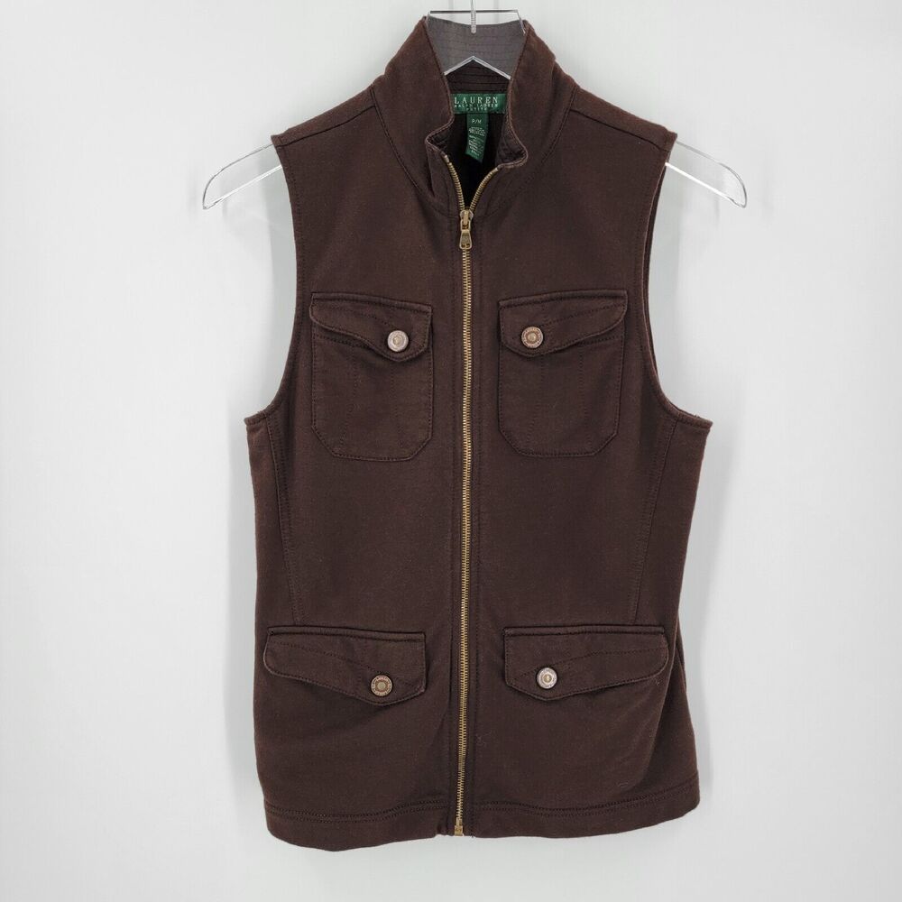 Lauren Ralph Lauren Petite Vest Women's Petite Medium Brown Zip Up Pockets